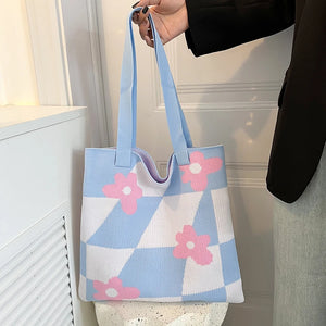 Plaid Flower Knitting Tote Bag for Women Girls
