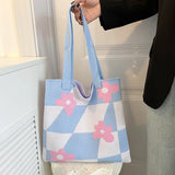 Plaid Flower Knitting Tote Bag for Women Girls