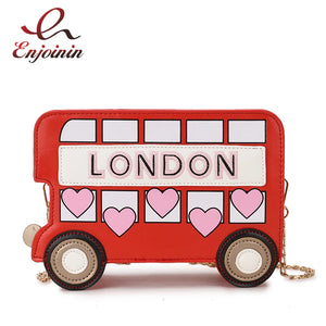 London Bus Girls Shoulder Bag Embroidered Cartoon Women Purses Red