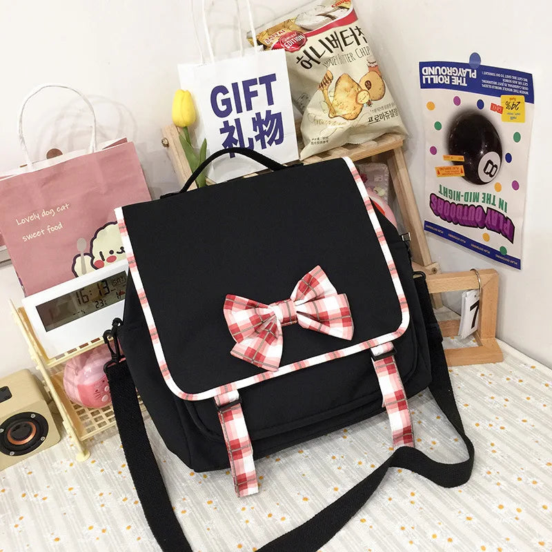 Japanese Student Backpack with Lattice Bowknot Design