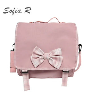 Japanese Student Backpack with Lattice Bowknot Design