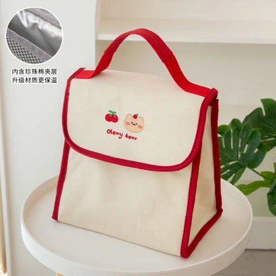 Bear Embroidery Thermal Lunch Bag Large Capacity Women Handbag