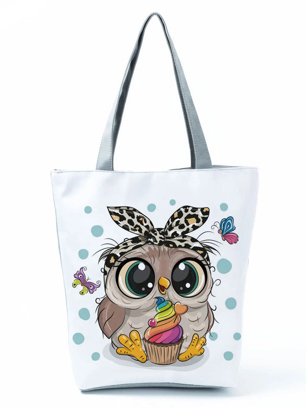 Owl Print Handbags High Capacity Shopper Bag Cartoon Travel Beach Foldable