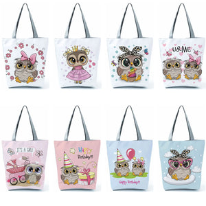 Owl Print Handbags High Capacity Shopper Bag Cartoon Travel Beach Foldable