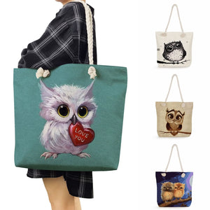 Owl Print Handbags Cartoon Birds Thick Rope High Beach Shoulder Bag