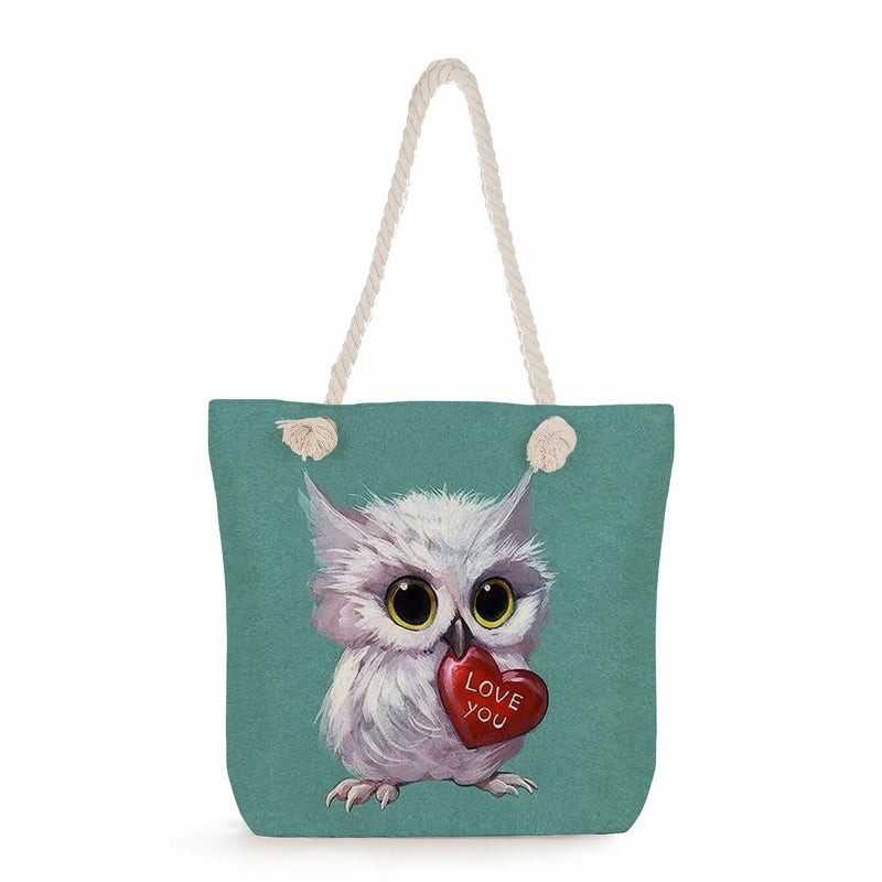 Owl Print Handbags Casual Cartoon Birds Lady Big Capacity Reusable Shopping Bags