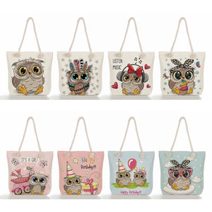 Owl Print Reusable Shopping Bag Cotton Rope High Capacity
