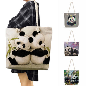 Panda Printed Handbags Casual Women Shoulder Bag Thick Rope Tote Bag