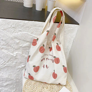 Peach Print Canvas Shoulder Bags For Women Ladies Large Capacity Tote