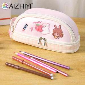 Large Capacity Pencil Case Organizer PU Zipper Student Cartoon