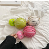Personality Basketball Shape Handbags Fur Ball Decor Round Purse Mini Crossbody
