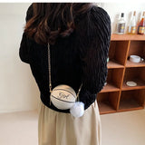 Personality Basketball Shape Handbags Fur Ball Decor Round Purse Mini Crossbody