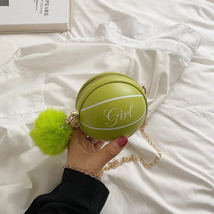 Personality Basketball Shape Handbags Fur Ball Decor Round Purse Mini Crossbody