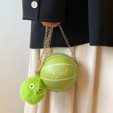 Personality Basketball Shape Handbags Fur Ball Decor Round Purse Mini Crossbody