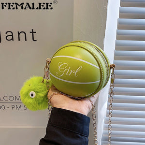 Personality Basketball Shape Handbags Fur Ball Decor Round Purse Mini Crossbody