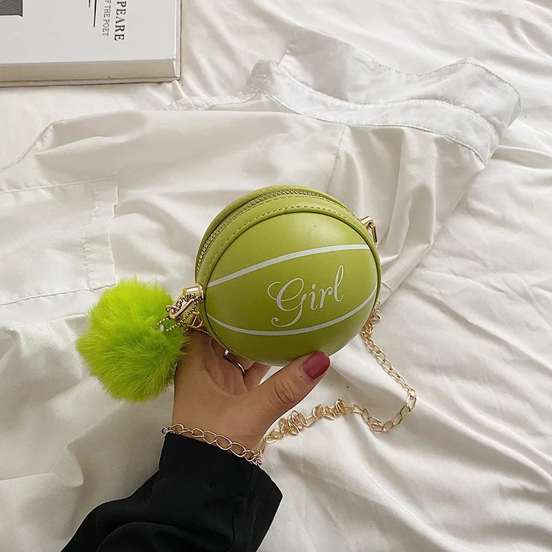 Personality Basketball Shape Handbags Fur Ball Decor Round Purse Mini Crossbody