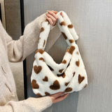 Pink Heart Print Plush Handbag Soft Faux Fur Tote Bag Purses Lady Shoulder Bags