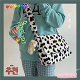 Plush Women's Flap Shoulder Bag Cow Pattern Handbag