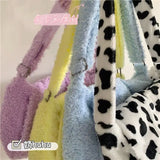 Plush Women's Flap Shoulder Bag Cow Pattern Handbag