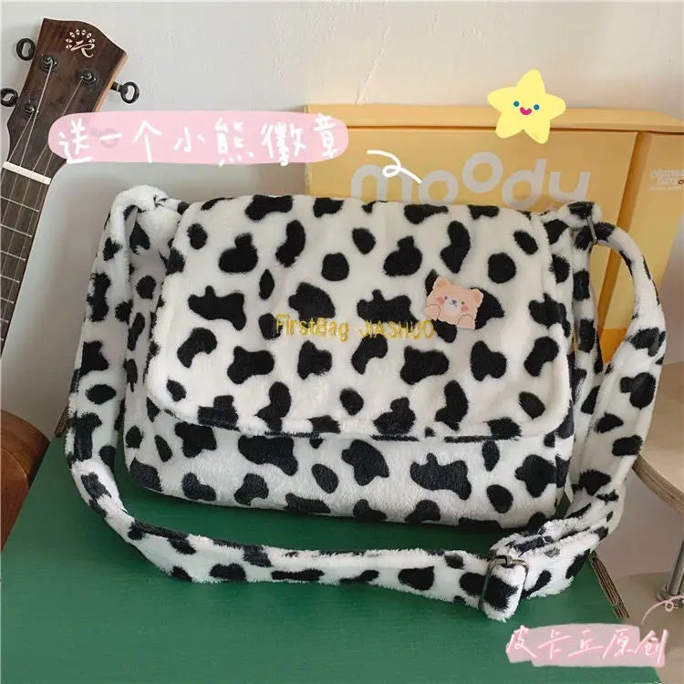 Plush Women's Flap Shoulder Bag Cow Pattern Handbag
