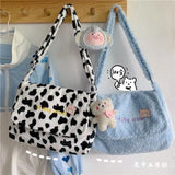 Plush Women's Flap Shoulder Bag Cow Pattern Handbag