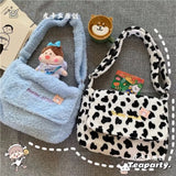 Plush Women's Flap Shoulder Bag Cow Pattern Handbag