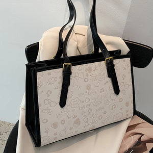 Women's Square Printed Shoulder Bag Vintage PU Leather Tote Casual Handbag