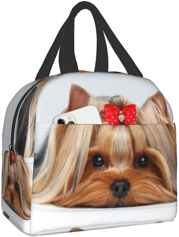 Ribbon Yorkie Love Dog Lunch Bag for Women Reusable Insulated Lunch Box