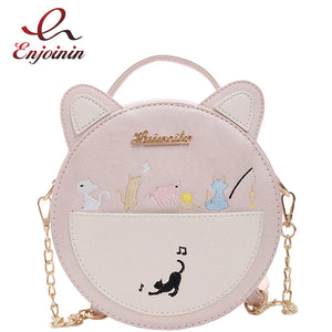 Round Cat Pattern Handbag Embroidery Clutch Bag Girls Caual Totes