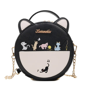 Round Cat Pattern Handbag Embroidery Clutch Bag Girls Caual Totes