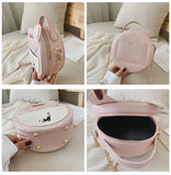 Round Cat Pattern Handbag Embroidery Clutch Bag Girls Caual Totes