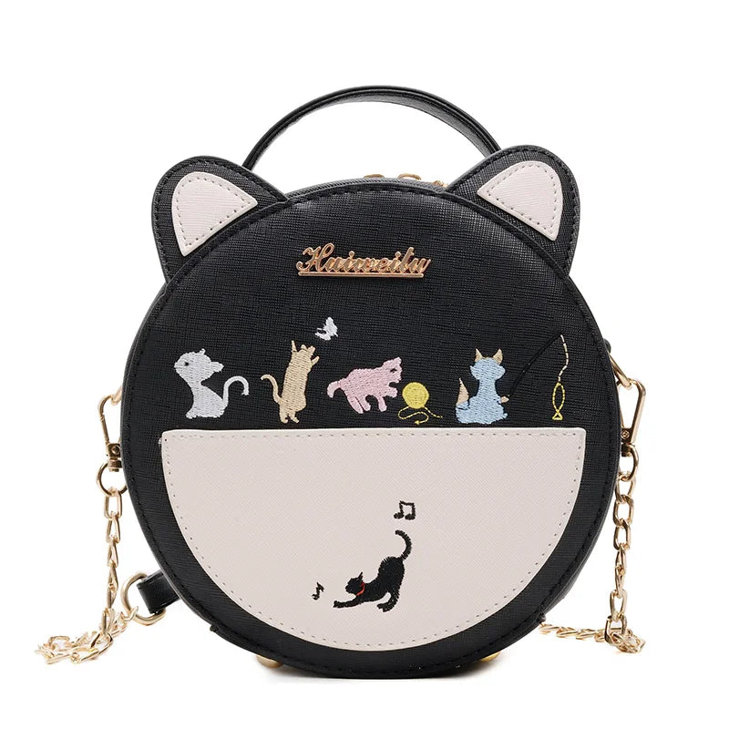 Round Cat Pattern Handbag Embroidery Clutch Bag Girls Caual Totes