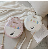 Round Cat Pattern Handbag Embroidery Clutch Bag Girls Caual Totes