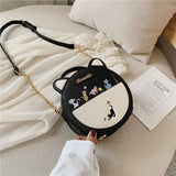 Round Cat Pattern Handbag Embroidery Clutch Bag Girls Caual Totes