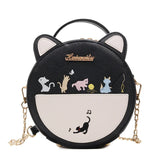 Round Cat Pattern Handbag Embroidery Clutch Bag Girls Caual Totes