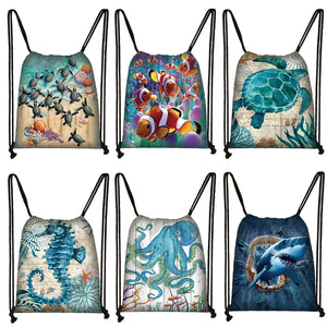 Sea Animal Turtle Octopus Shark Backpack Women Canvas Shoulder Bags