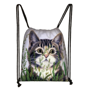 Cat Print Drawstring Bag Girls Women's Travel Storage Foldable Shopping