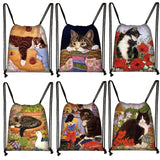Cat Print Drawstring Bag Girls Women's Travel Storage Foldable Shopping