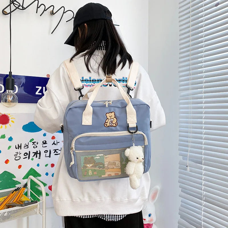 Harajuku Student Bookbag with Cartoon Bear Pendant - Teenage Girl School Bag