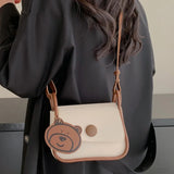 Bear Pendant Satchel Bag Soft PU Leather Handbag Totes