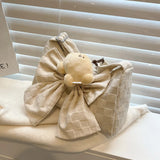 Soft Cotton Cloth Lady Shoulder Bag Summer Bow Plaid Shopper Bags for Women