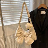 Soft Cotton Cloth Lady Shoulder Bag Summer Bow Plaid Shopper Bags for Women