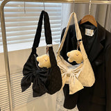 Soft Cotton Cloth Lady Shoulder Bag Summer Bow Plaid Shopper Bags for Women