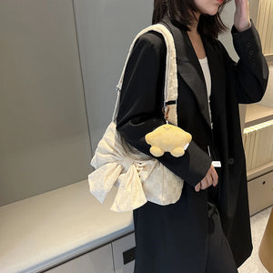 Soft Cotton Cloth Lady Shoulder Bag Summer Bow Plaid Shopper Bags for Women