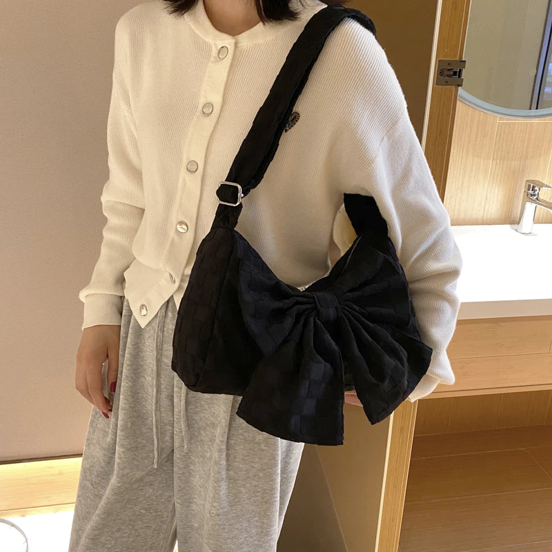 Soft Cotton Cloth Lady Shoulder Bag Summer Bow Plaid Shopper Bags for Women