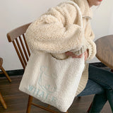 Soft Fleece Plush Handbag Mermaid Dolphin Embroidery Shoulder Tote Bag