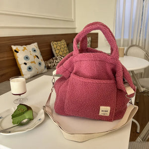 Solid Women Plush Shoulder Bag Large Capacity Lamb Like Fabric Crossbody Bags