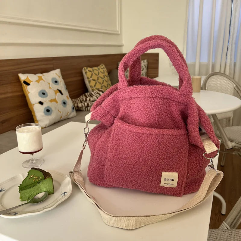 Solid Women Plush Shoulder Bag Large Capacity Lamb Like Fabric Crossbody Bags