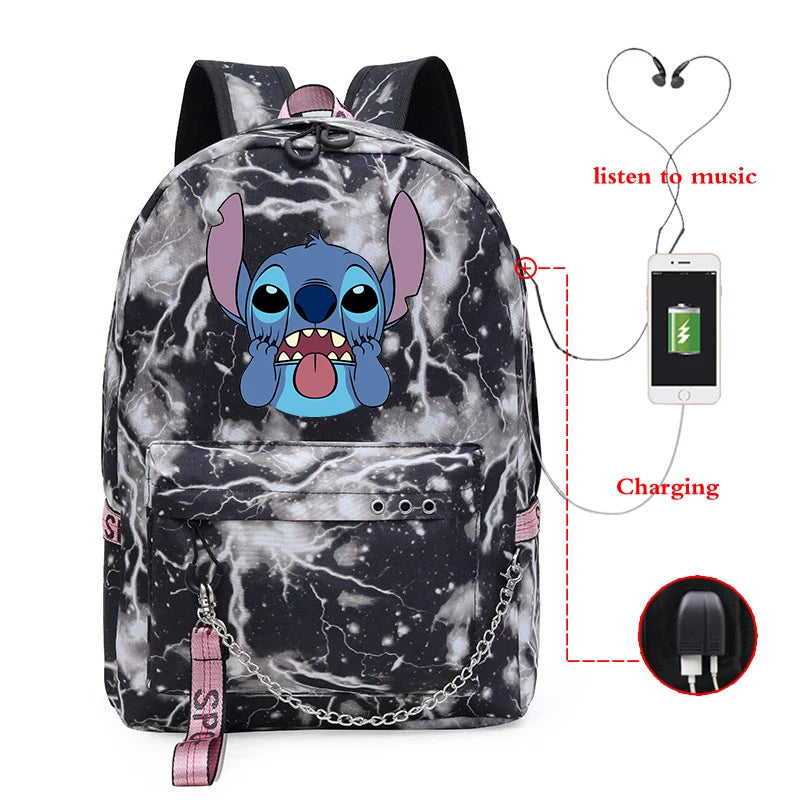 Stitch Woman Backpack USB Charging School Bags Travel Laptop Mochila Escolar
