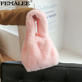 Women's Soft Faux Fur Wristlets Bag Warm Winter Fluffy Bucket Sac